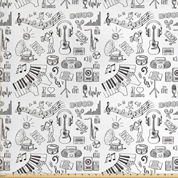 Lunarable Sketch Fabric by The Yard, Music Theme Pattern with Vari...