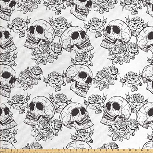 Lunarable Skull Fabric by The Yard, Blooms Retro Style Otherworld ...