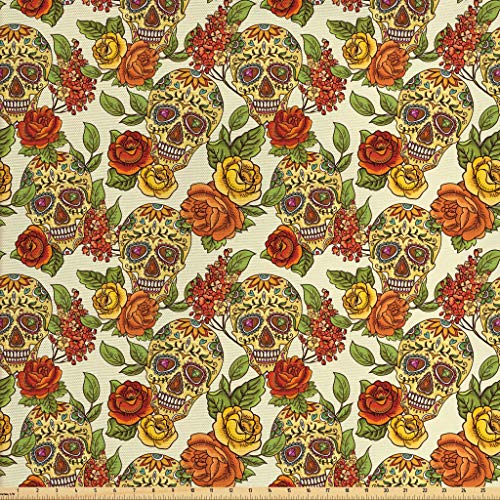 Lunarable Skull Fabric by The Yard, Floral Sugar Skull Design in V...