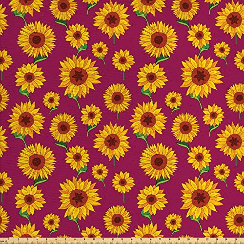 Lunarable Sunflower Fabric by The Yard, Vibrant Summer Blooms Cott...