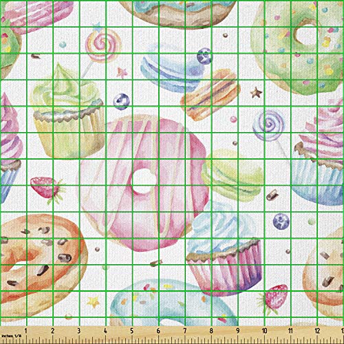 Lunarable Sweets Fabric by The Yard, Delicious Macaron Cupcakes Do...