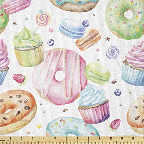 Lunarable Sweets Fabric by The Yard, Delicious Macaron Cupcakes Do...