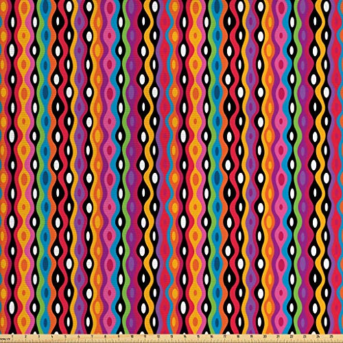 Lunarable Tribal Fabric by The Yard, Groovy Geometric Wavy Lines w...