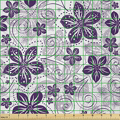 Lunarable Violet Fabric by The Yard, Swirls and Dots Floral Arrang...