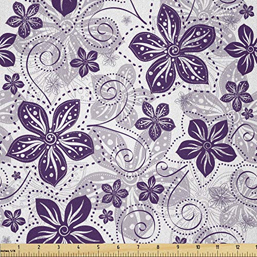 Lunarable Violet Fabric by The Yard, Swirls and Dots Floral Arrang...