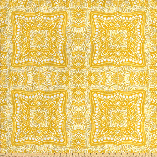 Lunarable Yellow Mandala Fabric by The Yard, Square Shaped Mandala...