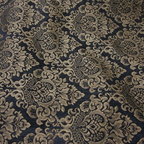 56 Wide Charcoal Cleopatra Chenille Fabric Gold Damask Print Upho...