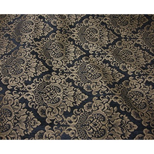 56 Wide Charcoal Cleopatra Chenille Fabric Gold Damask Print Upho...