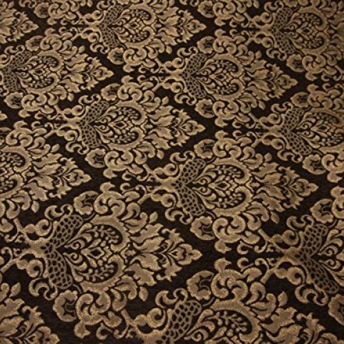 56 Wide Dark Brown Cleopatra Chenille Fabric Gold Damask Print Up...