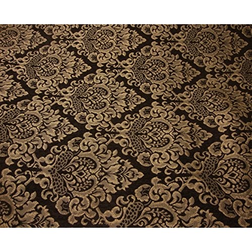 56 Wide Dark Brown Cleopatra Chenille Fabric Gold Damask Print Up...
