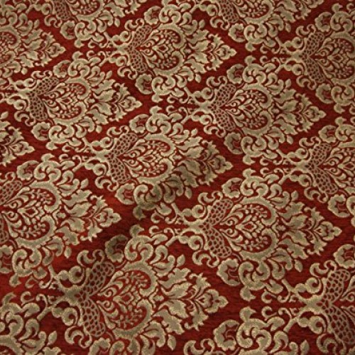 56 Wide Ruby Cleopatra Chenille Fabric Gold Damask Print Upholste...