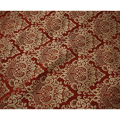 56 Wide Ruby Cleopatra Chenille Fabric Gold Damask Print Upholste...