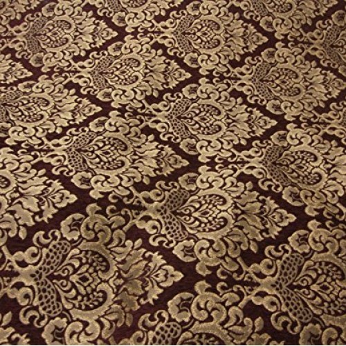 56 Wide Wine Cleopatra Chenille Fabric Gold Damask Print Upholste...