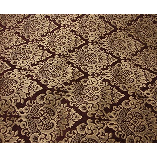 56 Wide Wine Cleopatra Chenille Fabric Gold Damask Print Upholste...