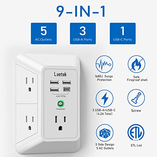 USB Wall Charger，LVETEK Surge Protector 5 Outlet Extender with 4 ...