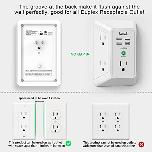 USB Wall Charger，LVETEK Surge Protector 5 Outlet Extender with 4 ...