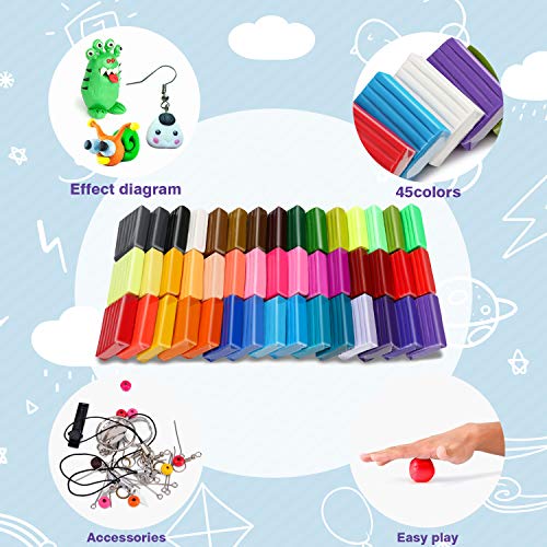 Magicfly Polymer Clay Starter Kit, 45 Colors Oven Bake Clay with 5...