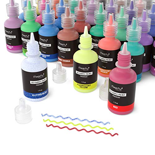 Puffy Paints, Magicfly 40 Colors 3D Fabric Paint with 3 Brushes an...