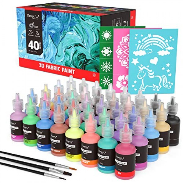 3D Fabric Permanent Paint 40 Color, Puffy Paint with Vibrant Colors, 3
