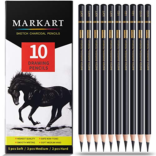 Professional Charcoal Pencils Drawing Set - MARKART 10 Pieces Soft...