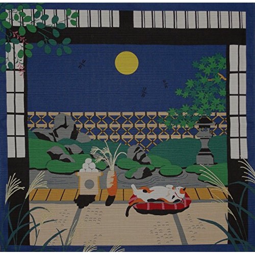 Furoshiki Cat and Autumn Moon Motif Japanese Fabric 50cm