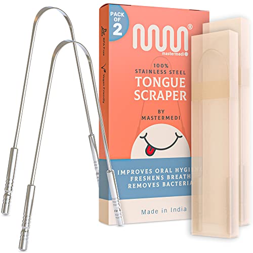 MasterMedi Tongue Scraper with Case 2 Pack, Medical Grade 100% S...