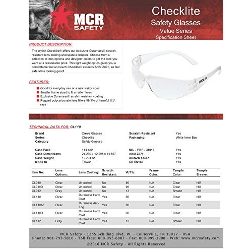 CREWS CL110 Checklite Anti-Scratch Resistant Safety Glasses Clear ...