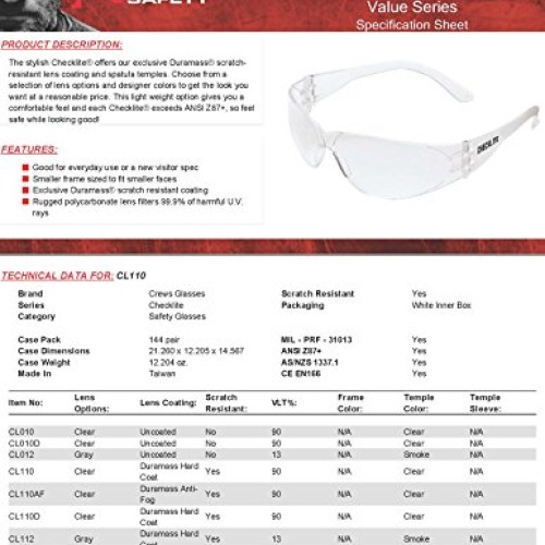 CREWS CL110 Checklite Anti-Scratch Resistant Safety Glasses Clear ...
