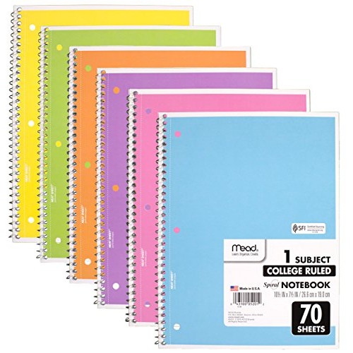 Mead Spiral Notebook, 6 Pack of 1-Subject College Ruled Spiral Bou...