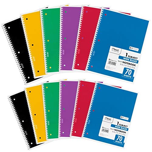 Mead Spiral Notebooks, 1 Subject, Wide Ruled Paper, 70 Sheets, Col...