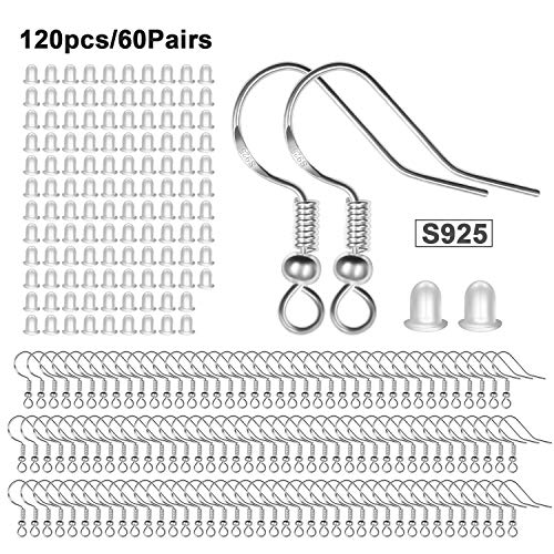 925 Sterling Silver Earring Hooks 120 PCS/60 Pairs, Ear Wires Fish...