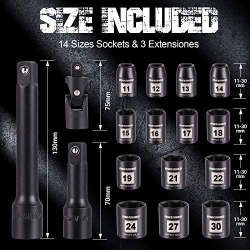 1/2 Impact Socket Set, METAKOO Drive Impact Socket Set, 17PCS Met...