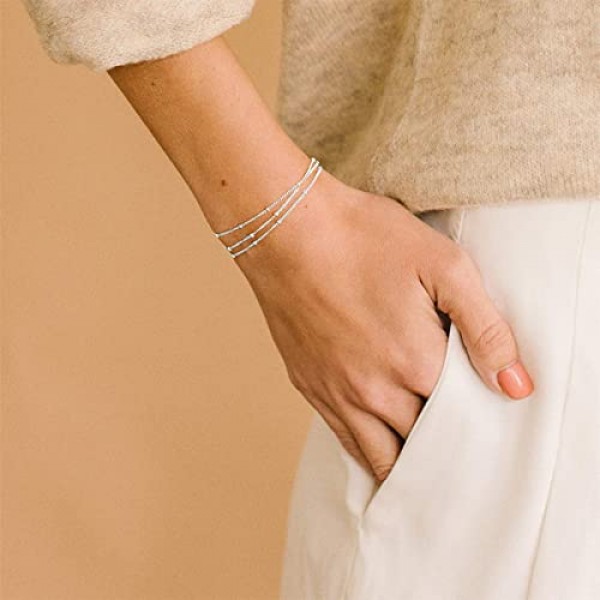 Silver Layered Bracelet,Sterling Silver 14K Silver Plated Cute Bea...