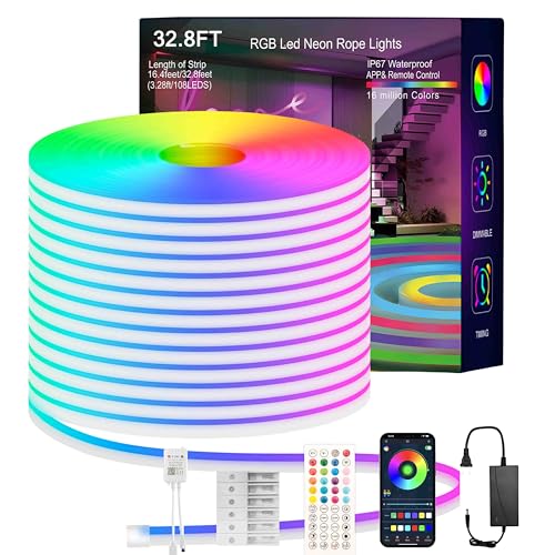MFWW Neon Rope Lights, 32.8FT RGB LED Strip Lights App Control,IR ...