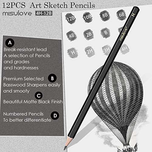 MISULOVE Professional Drawing Sketching Pencil Set - 12 Pieces Art...