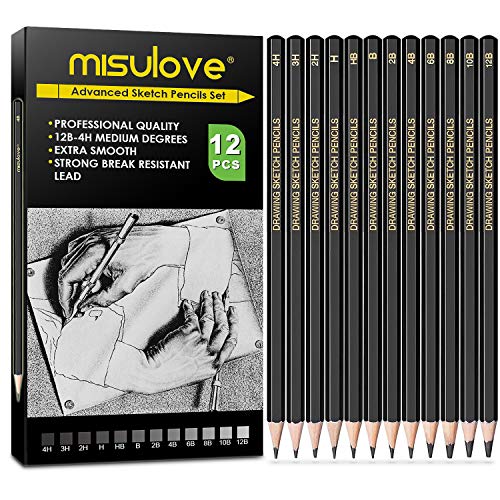 MISULOVE Professional Drawing Sketching Pencil Set - 12 Pieces Art...