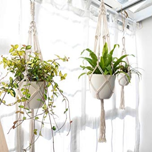 Mkono 3 Pack Macrame Plant Hangers with Plastic Planters Pots In...