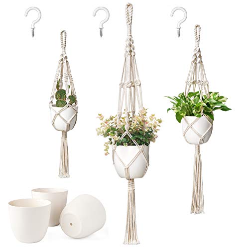 Mkono 3 Pack Macrame Plant Hangers with Plastic Planters Pots In...