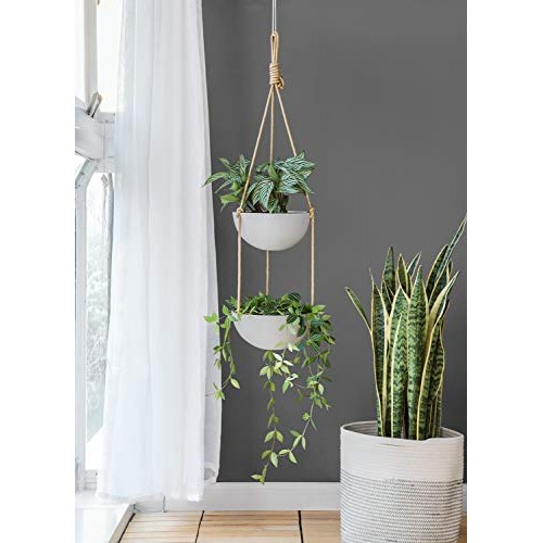 Mkono 9 Inch Ceramic Double Hanging Planter 2 Tier Round Flower Pl...