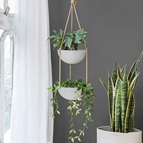 Mkono 9 Inch Ceramic Double Hanging Planter 2 Tier Round Flower Pl...