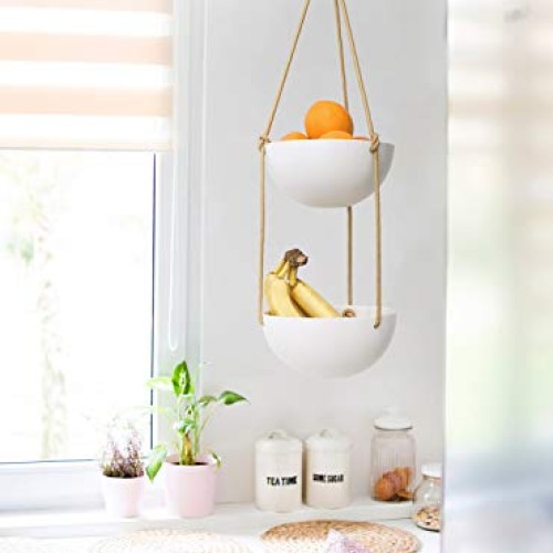 Mkono 9 Inch Ceramic Double Hanging Planter 2 Tier Round Flower Pl...