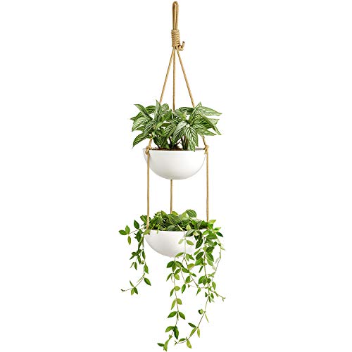 Mkono 9 Inch Ceramic Double Hanging Planter 2 Tier Round Flower Pl...