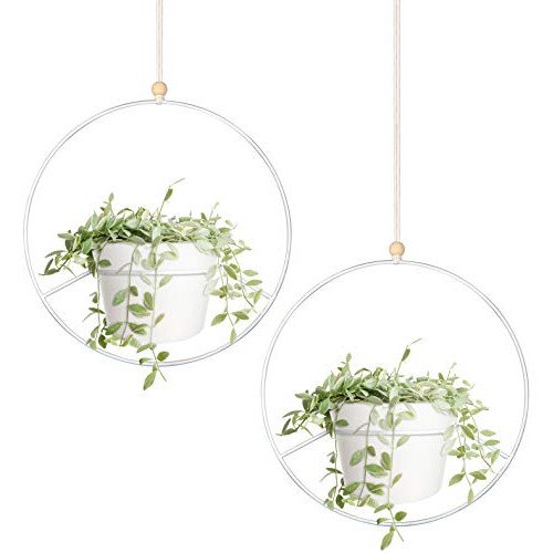 Mkono Boho Hanging Planter, Set of 2 Round Metal Plant Hanger with...
