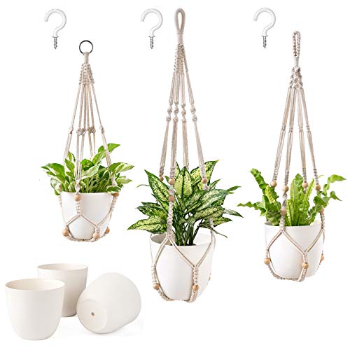 Mkono Macrame Plant Hangers with Pots Plastic Planters Included ...
