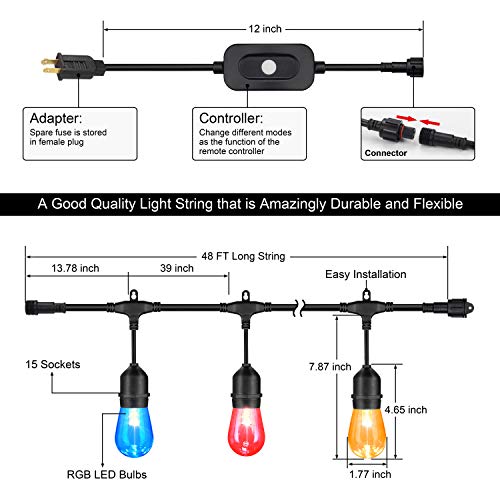 48FT Color Changing Outdoor String Lights, RGB Cafe LED String Lig...