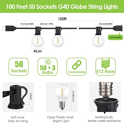 Mlambert 100Ft LED Outdoor String Lights Dimmable G40 Globe Patio ...