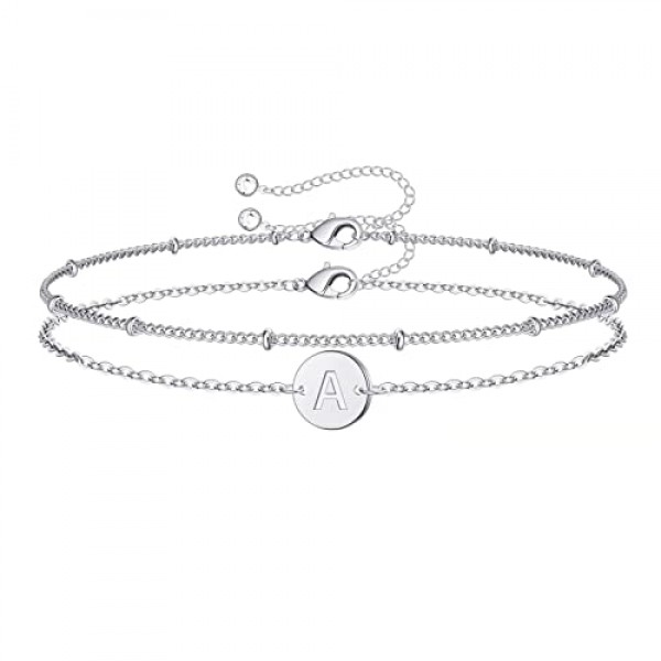 Silver Initial Bracelets for Teen Girls Women, 14k White Gold Fill...