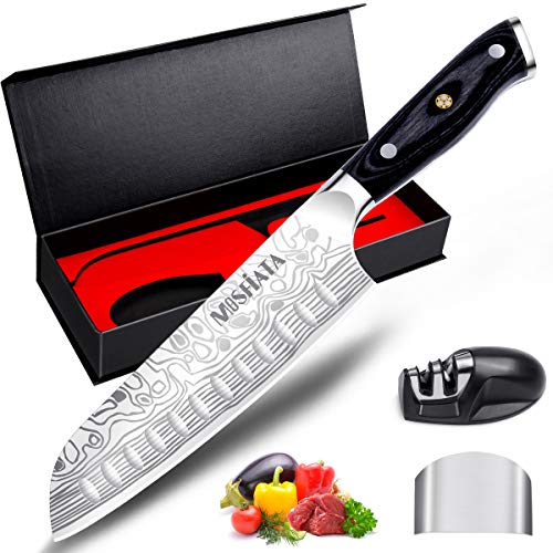 MOSFiATA 7 Santoku Knife with Finger Guard and Knife Sharpener, G...