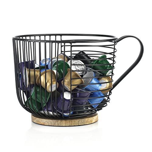 Coffee Pod Holder - Large Capacity Black Wire Kup Storage with Woo...