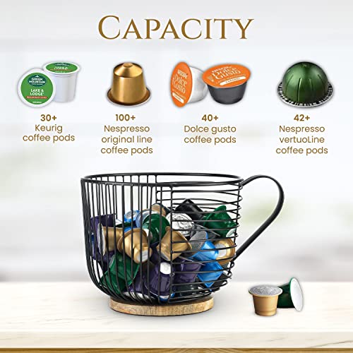Coffee Pod Holder - Large Capacity Black Wire Kup Storage with Woo...